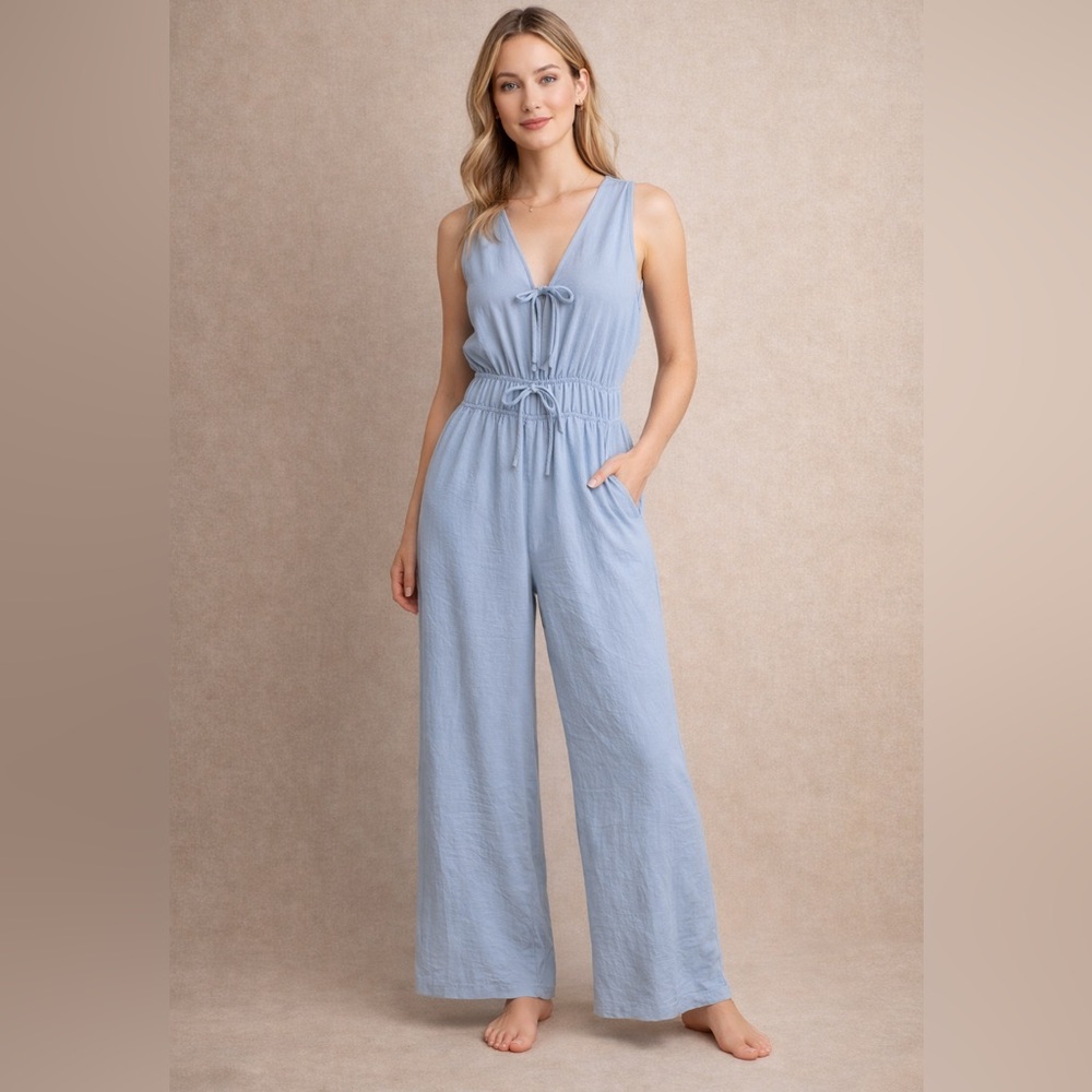 Monteau Los Angeles Beige Tie Front Wide Leg Jumpsuit Size Small Boho Minimalist